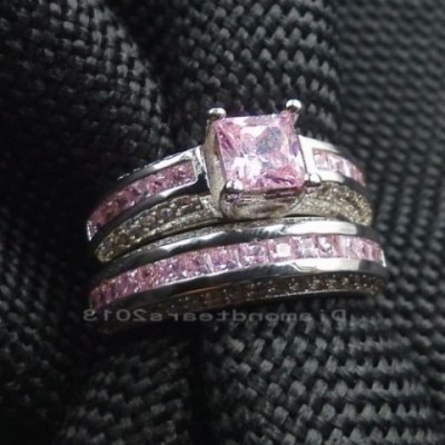 Luxury 10K White Gold Filled Pink Sapphire Princess Cut Wedding Ring Set for Women dh3628137