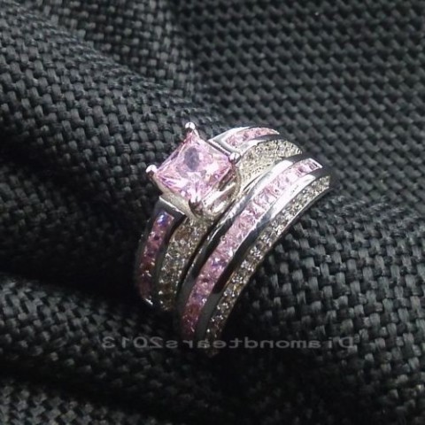 Luxury 10K White Gold Filled Pink Sapphire Princess Cut Wedding Ring Set for Women dh3628137