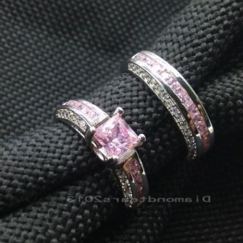 Luxury 10K White Gold Filled Pink Sapphire Princess Cut Wedding Ring Set for Women dh3628137