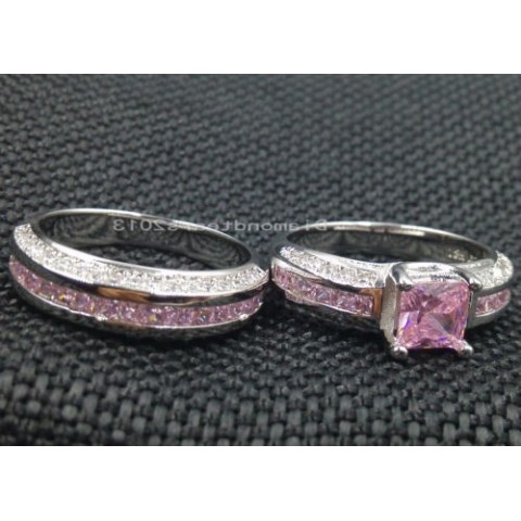 Luxury 10K White Gold Filled Pink Sapphire Princess Cut Wedding Ring Set for Women dh3628137