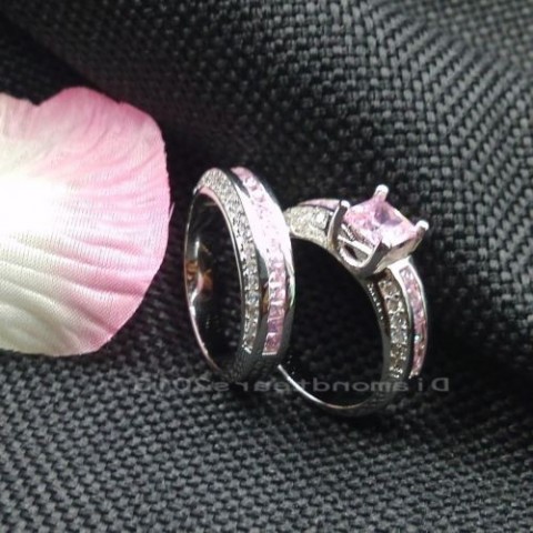 Luxury 10K White Gold Filled Pink Sapphire Princess Cut Wedding Ring Set for Women dh3628137