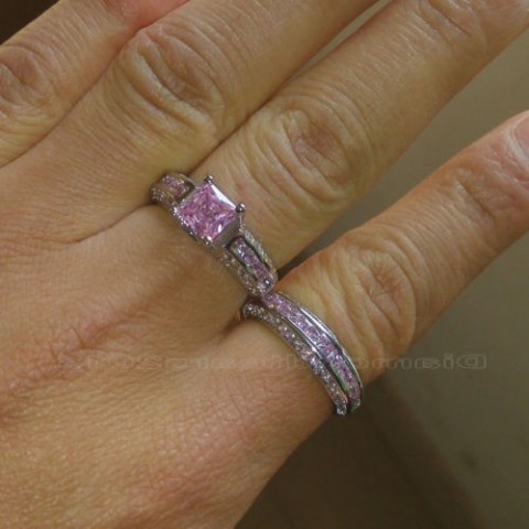 Luxury 10K White Gold Filled Pink Sapphire Princess Cut Wedding Ring Set for Women dh3628137