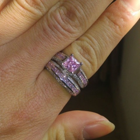 Luxury 10K White Gold Filled Pink Sapphire Princess Cut Wedding Ring Set for Women dh3628137