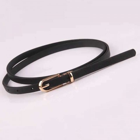 Fashionable Women's Black PU Leather Narrow Adjustable Belt with Golden Buckle Y250208