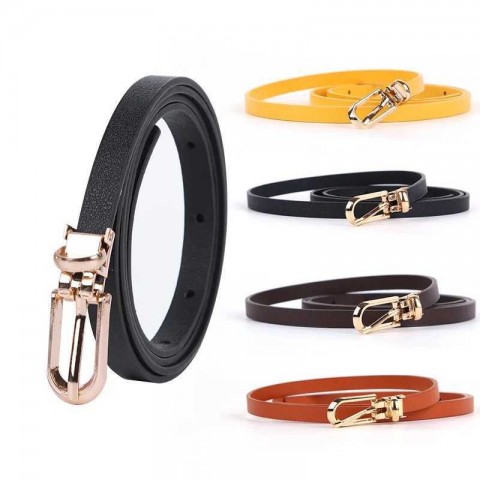 Fashionable Women's Black PU Leather Narrow Adjustable Belt with Golden Buckle Y250208