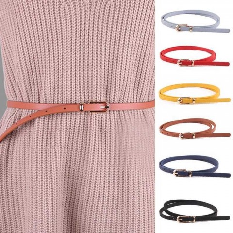Fashionable Women's Black PU Leather Narrow Adjustable Belt with Golden Buckle Y250208