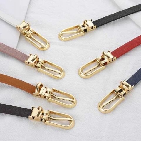 Fashionable Women's Black PU Leather Narrow Adjustable Belt with Golden Buckle Y250208