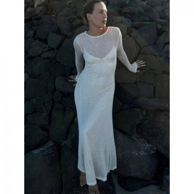 Summer Casual Women's Knitted Chiffon Long Dress with Elegant See-Through Sleeves