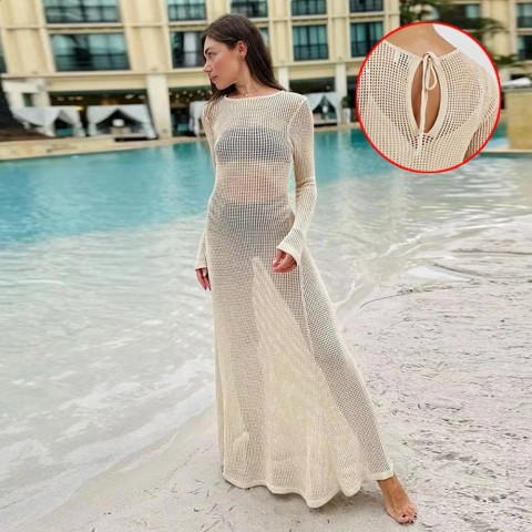 Summer Casual Women's Knitted Chiffon Long Dress with Elegant See-Through Sleeves