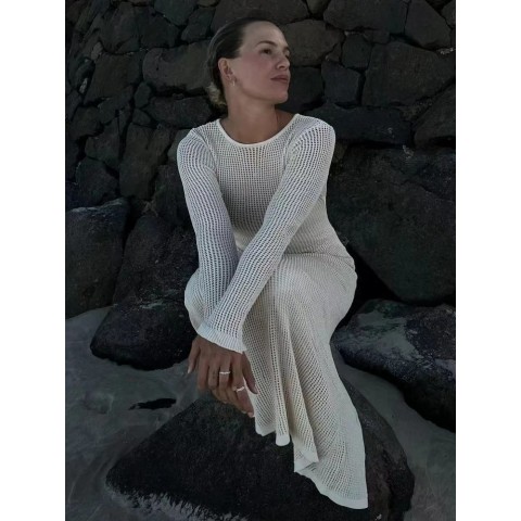 Summer Casual Women's Knitted Chiffon Long Dress with Elegant See-Through Sleeves