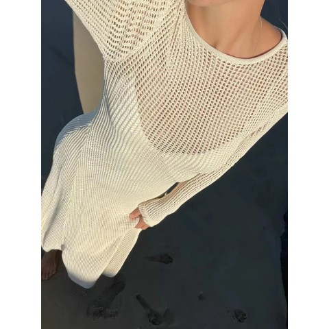 Summer Casual Women's Knitted Chiffon Long Dress with Elegant See-Through Sleeves