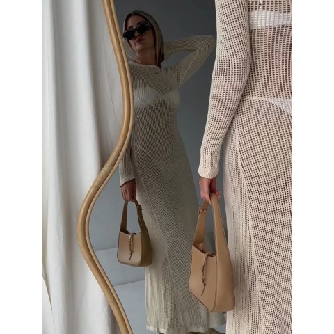 Summer Casual Women's Knitted Chiffon Long Dress with Elegant See-Through Sleeves