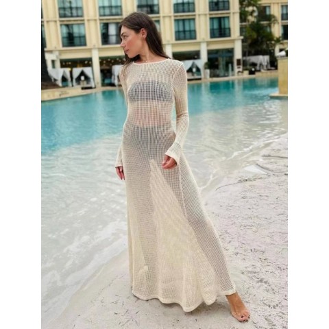 Summer Casual Women's Knitted Chiffon Long Dress with Elegant See-Through Sleeves