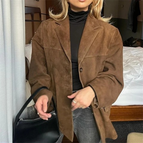 Retro Suede Loose Fit Women's Jacket Brown Autumn Winter
