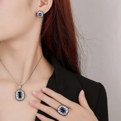 S925 Silver Plated 18K Gold Plated Platinum Wedding Jewelry Set with Blue Spinel for Women