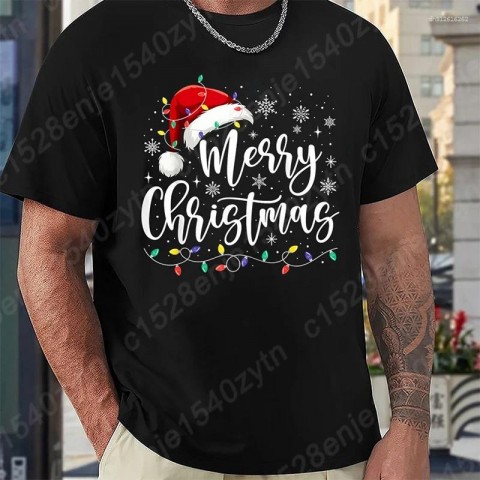 Merry Christmas Men's Lightweight T-Shirts with Red Santa Hat Design