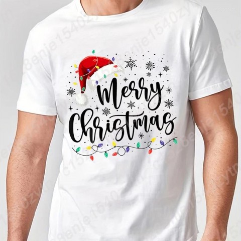 Merry Christmas Men's Lightweight T-Shirts with Red Santa Hat Design
