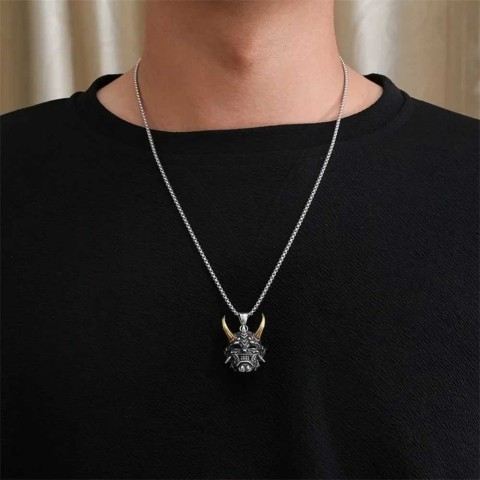 Vintage Punk Demon Mask Samurai Pendant Necklace - Unisex Long Chain Rock Gift