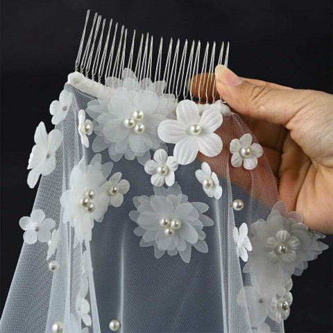 Elegant Floral Bridal Veil with Short Pearls & Lace Trim for Weddings VP67