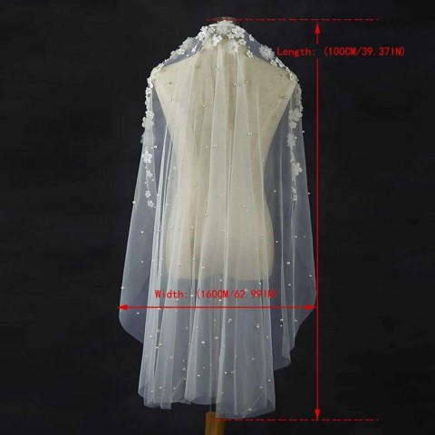 Elegant Floral Bridal Veil with Short Pearls & Lace Trim for Weddings VP67