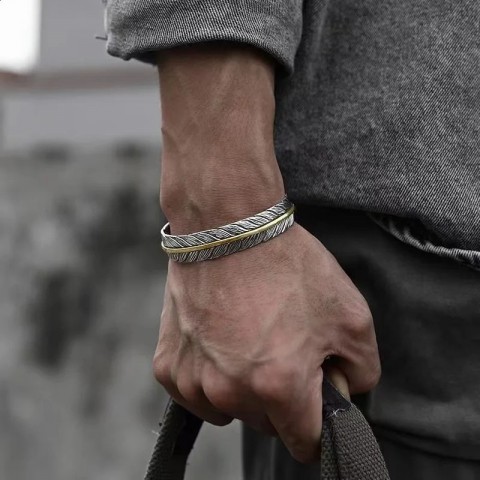 ZAKOL Trendy Hiphop Rock Feather Wing Bangle for Men in Silver