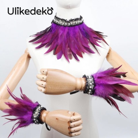 Punk Gothic Silk Arm Warmers with Feather Wrist Cuff for Unisex Performance