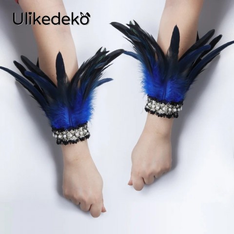 Punk Gothic Silk Arm Warmers with Feather Wrist Cuff for Unisex Performance