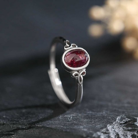 7mm x 5mm Oval Garnet Adjustable Sterling Silver Wedding Ring for Women