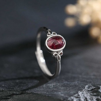 7mm x 5mm Oval Garnet Adjustable Sterling Silver Wedding Ring for Women