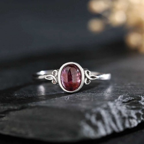 7mm x 5mm Oval Garnet Adjustable Sterling Silver Wedding Ring for Women