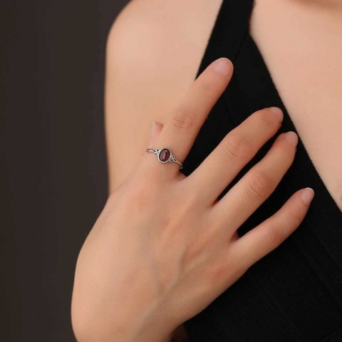7mm x 5mm Oval Garnet Adjustable Sterling Silver Wedding Ring for Women