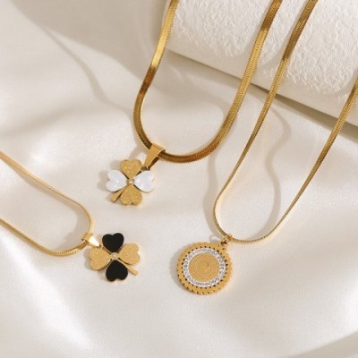 Elegant Simple Geometry Flower Pendant Necklace, Gold Stainless Steel, Women's Crystal Jewelry Gifts