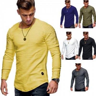 Tide Wrinkled Shoulder Design Men's Long Sleeve T-Shirt, Free Shipping M-3XL, Cotton Blend, Solid Colors