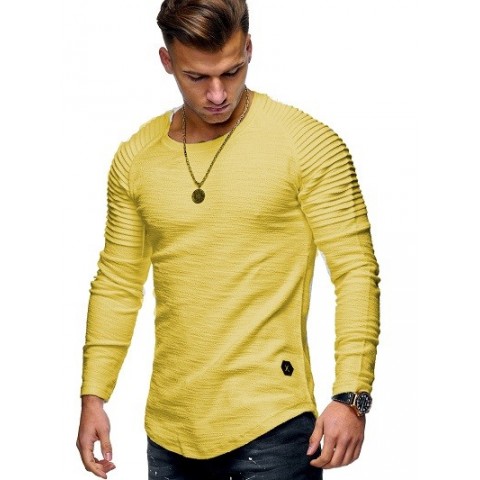 Tide Wrinkled Shoulder Design Men's Long Sleeve T-Shirt, Free Shipping M-3XL, Cotton Blend, Solid Colors