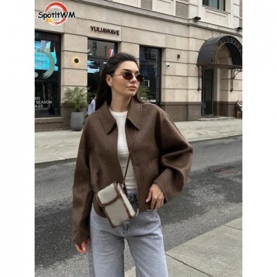 Elegant Retro Brown Wool Asymmetric Length Jacket for Women