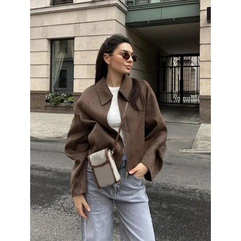 Elegant Retro Brown Wool Asymmetric Length Jacket for Women