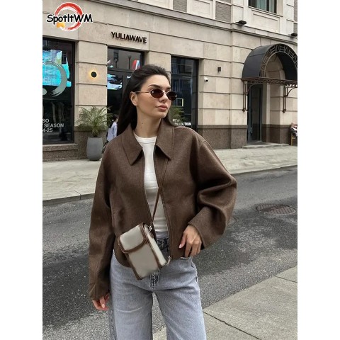 Elegant Retro Brown Wool Asymmetric Length Jacket for Women