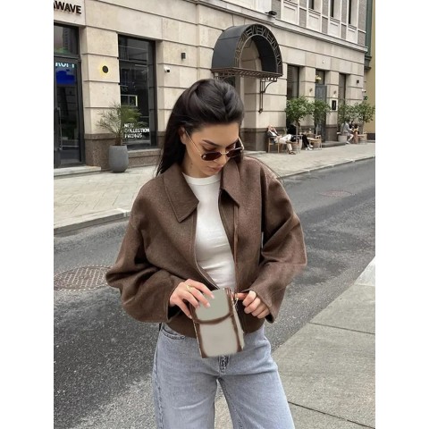 Elegant Retro Brown Wool Asymmetric Length Jacket for Women