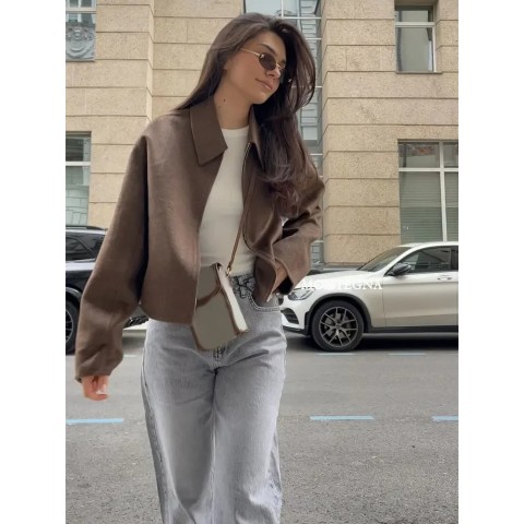 Elegant Retro Brown Wool Asymmetric Length Jacket for Women