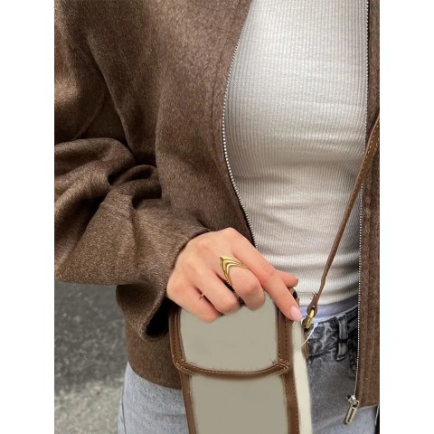 Elegant Retro Brown Wool Asymmetric Length Jacket for Women