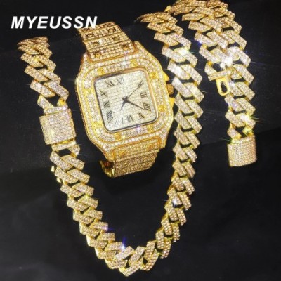 Gold Hip Hop Choker Watch with Rhinestones for Men