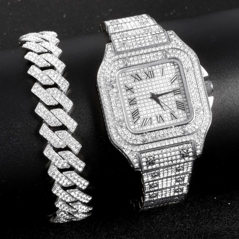 Gold Hip Hop Choker Watch with Rhinestones for Men