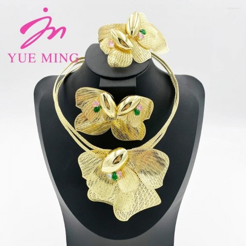 Luxury Flower Bud Necklace Earrings Set for Women in Brazilian Gold Color with Colorful Zircon