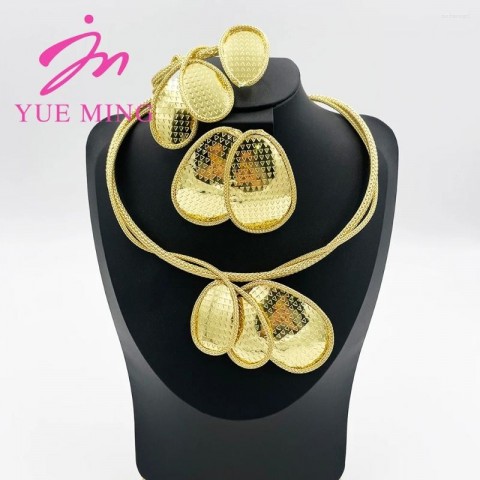 Luxury Flower Bud Necklace Earrings Set for Women in Brazilian Gold Color with Colorful Zircon