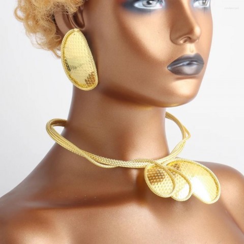Luxury Flower Bud Necklace Earrings Set for Women in Brazilian Gold Color with Colorful Zircon