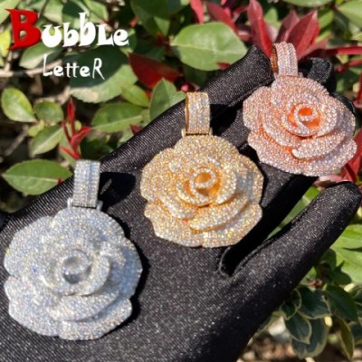 Iced Out Rose Flower Pendant Necklace for Women, Gold Zircon Charms, Bubble Letter Design, Fashion Hip Hop Jewelry