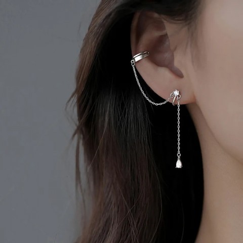 Silver Crystal Tassel Clip Earring for Women - Shiny Chain Ear Clip