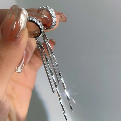 Silver Crystal Tassel Clip Earring for Women - Shiny Chain Ear Clip