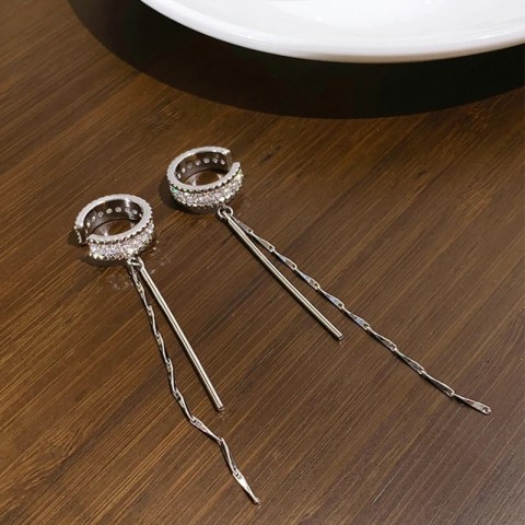 Silver Crystal Tassel Clip Earring for Women - Shiny Chain Ear Clip