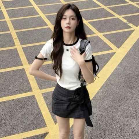 Elegant Women's Short Sleeve T-Shirt with Designer Embroidery and Color Blocking